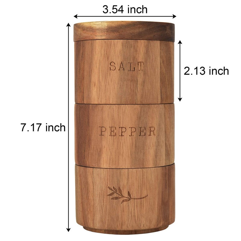hoziel Acacia Wood Salt Pepper Shaker Set Cellar 3 piece Stacking Spice Box - Image 1